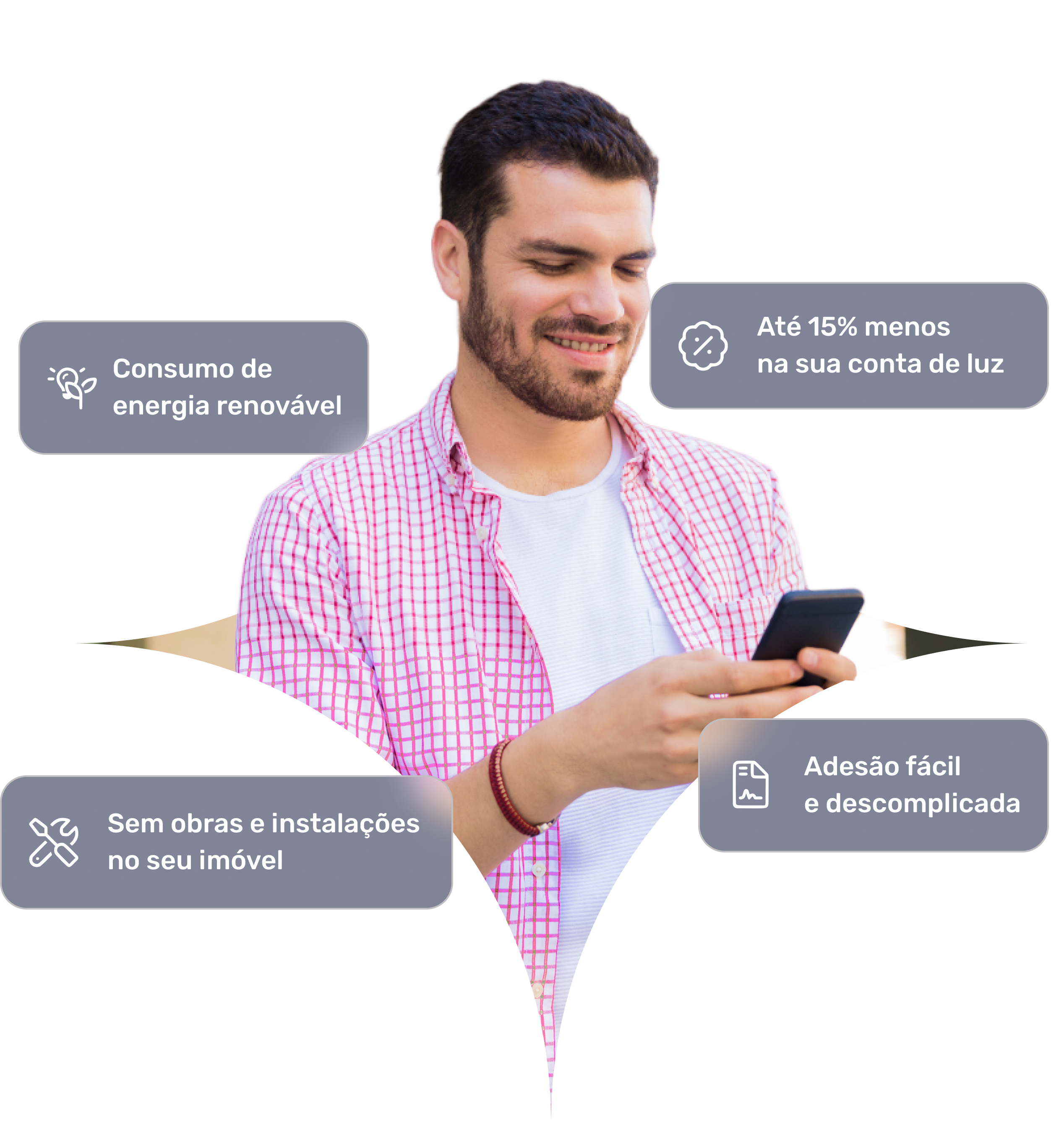 Um jovem contratando vendo os benefícios da SolarGrid no celular.